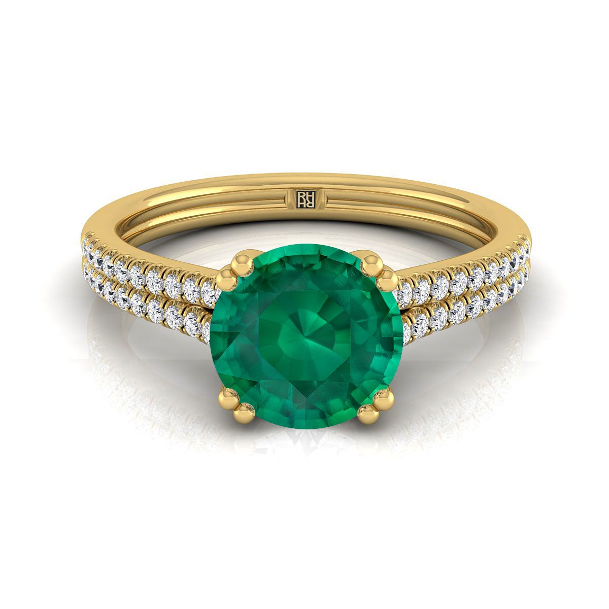 18K Yellow Gold Round Brilliant Emerald Double Row Double Prong French Pave Diamond Engagement Ring -1/6ctw