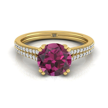 14K Yellow Gold Round Brilliant Garnet Double Row Double Prong French Pave Diamond Engagement Ring -1/6ctw