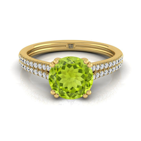 14K Yellow Gold Round Brilliant Peridot Double Row Double Prong French Pave Diamond Engagement Ring -1/6ctw