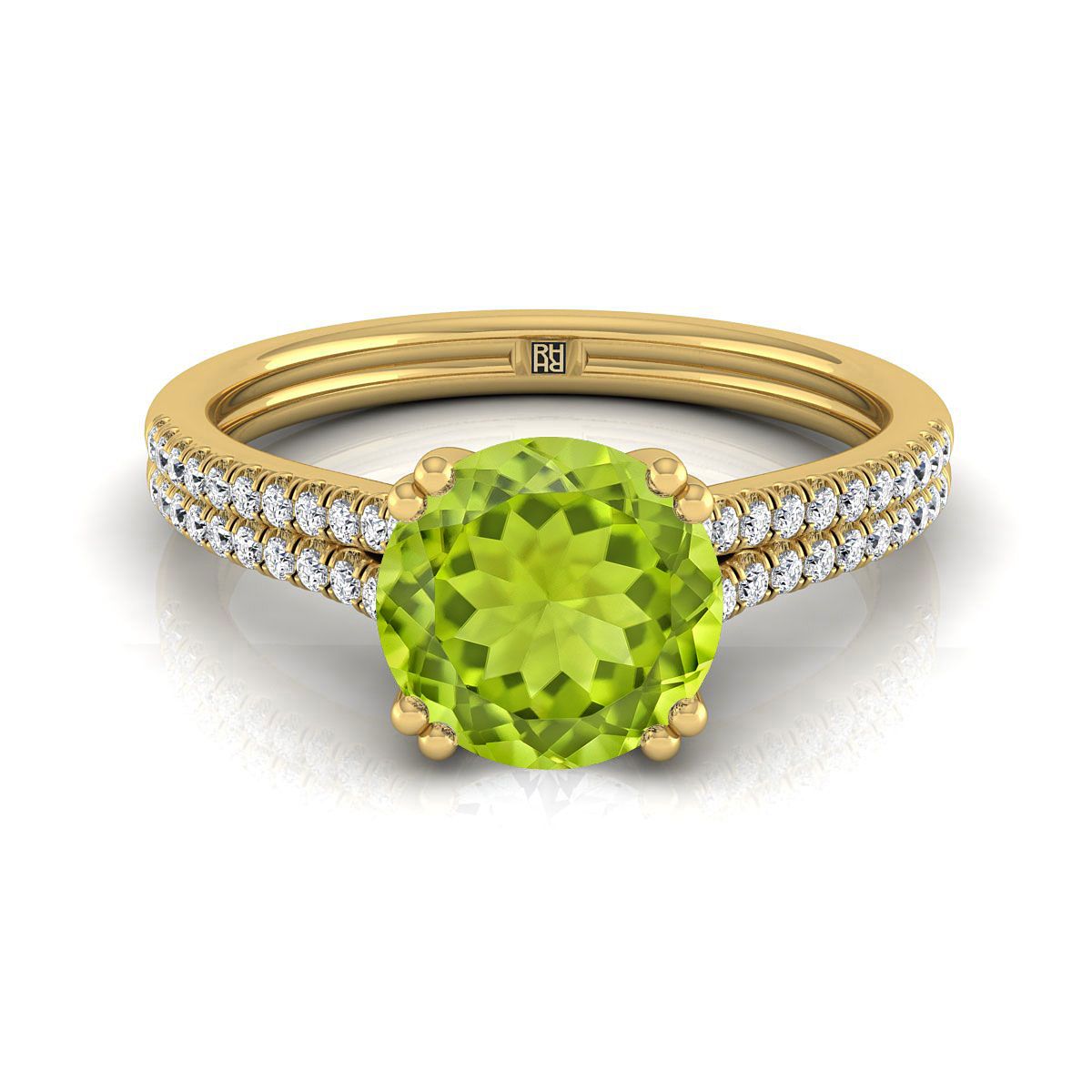 18K Yellow Gold Round Brilliant Peridot Double Row Double Prong French Pave Diamond Engagement Ring -1/6ctw