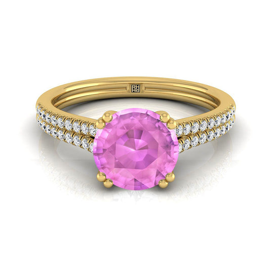 14K Yellow Gold Round Brilliant Pink Sapphire Double Row Double Prong French Pave Diamond Engagement Ring -1/6ctw
