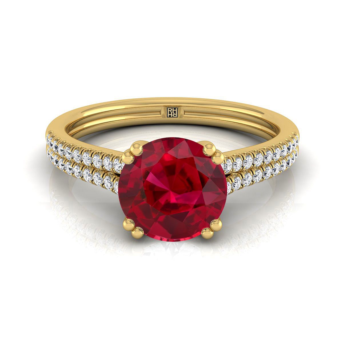 14K Yellow Gold Round Brilliant Ruby Double Row Double Prong French Pave Diamond Engagement Ring -1/6ctw