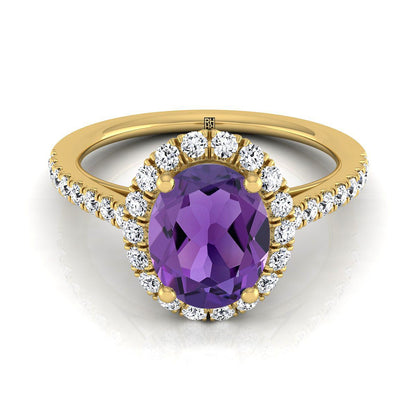 14K Yellow Gold Oval Amethyst Petite Halo French Diamond Pave Engagement Ring -3/8ctw