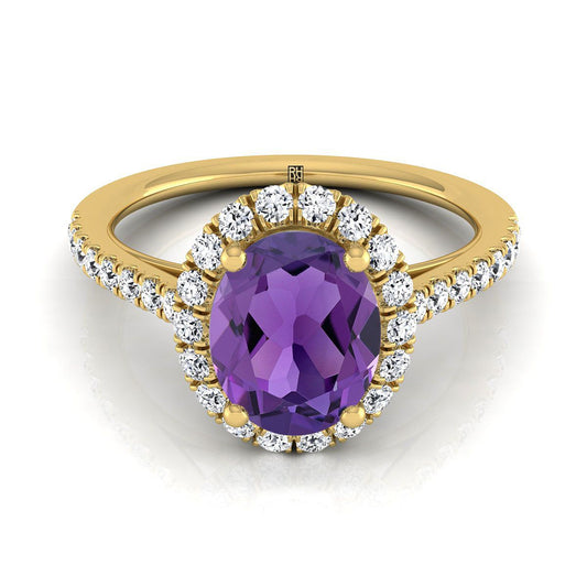 18K Yellow Gold Oval Amethyst Petite Halo French Diamond Pave Engagement Ring -3/8ctw