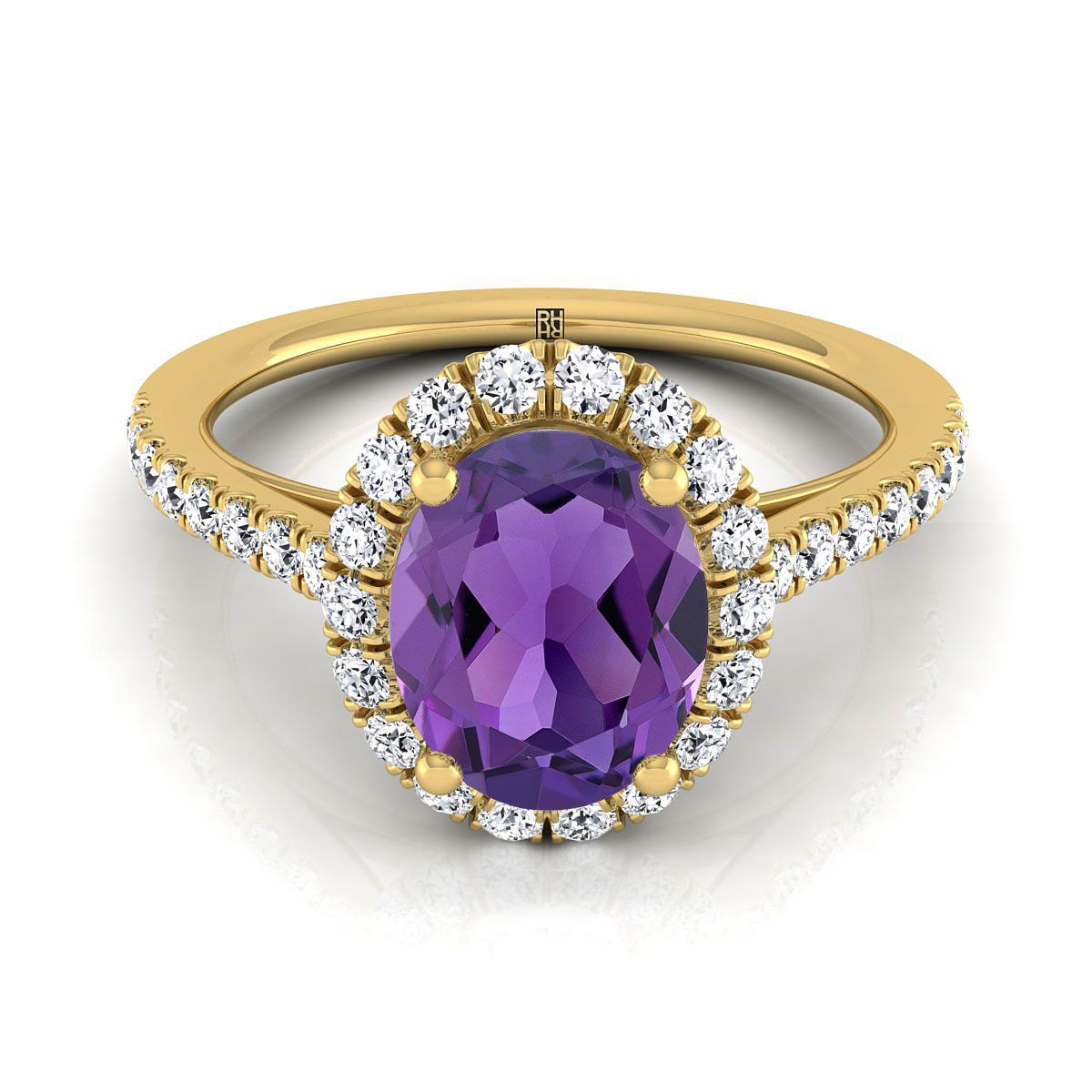 18K Yellow Gold Oval Amethyst Petite Halo French Diamond Pave Engagement Ring -3/8ctw