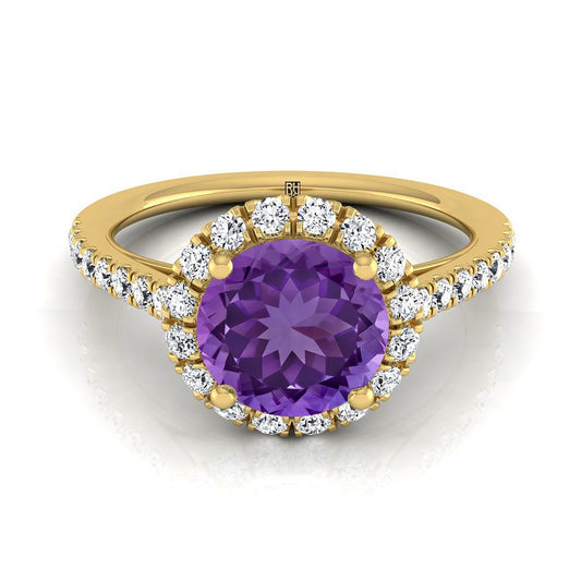 14K Yellow Gold Round Brilliant Amethyst Petite Halo French Diamond Pave Engagement Ring -3/8ctw