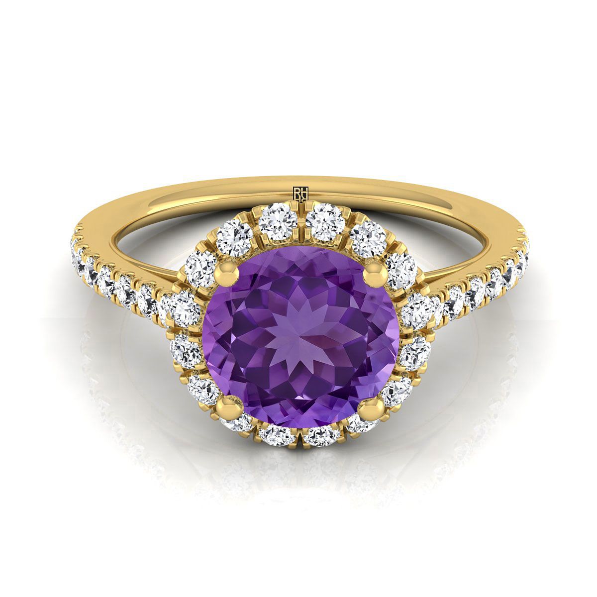 14K Yellow Gold Round Brilliant Amethyst Petite Halo French Diamond Pave Engagement Ring -3/8ctw
