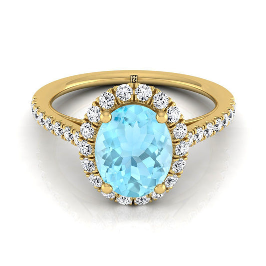 14K Yellow Gold Oval Aquamarine Petite Halo French Diamond Pave Engagement Ring -3/8ctw
