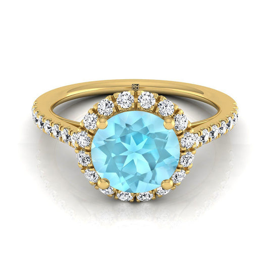 14K Yellow Gold Round Brilliant Aquamarine Petite Halo French Diamond Pave Engagement Ring -3/8ctw