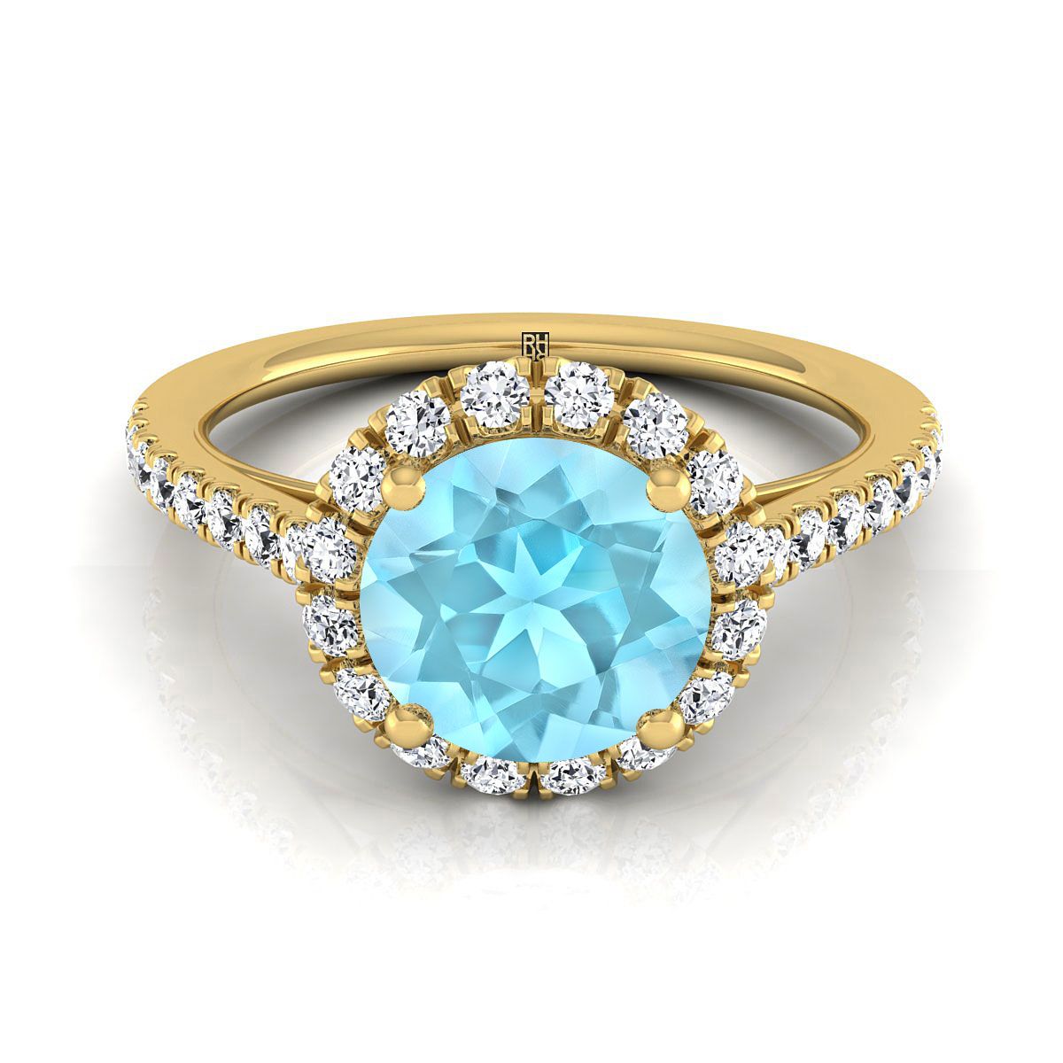 14K Yellow Gold Round Brilliant Aquamarine Petite Halo French Diamond Pave Engagement Ring -3/8ctw