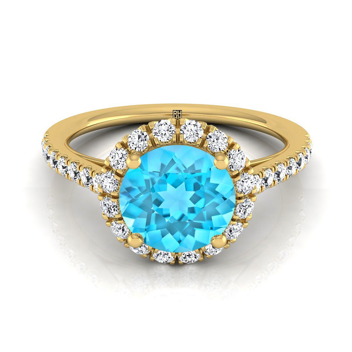 18K Yellow Gold Round Brilliant Swiss Blue Topaz Petite Halo French Diamond Pave Engagement Ring -3/8ctw