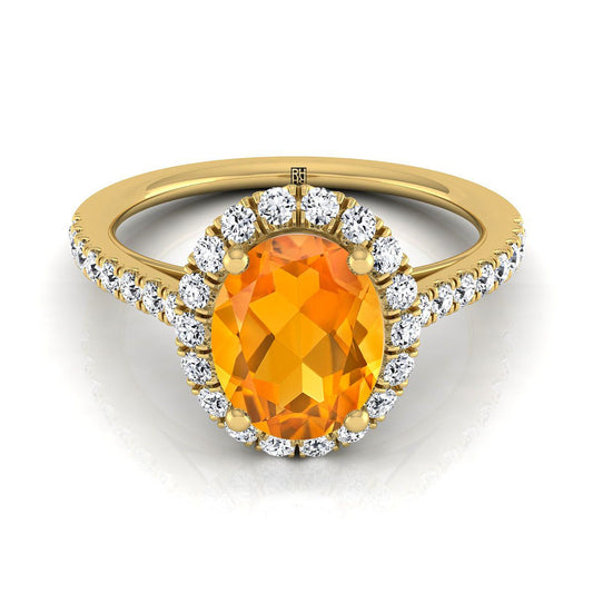 14K Yellow Gold Oval Citrine Petite Halo French Diamond Pave Engagement Ring -3/8ctw