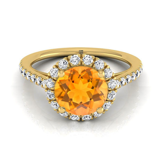 14K Yellow Gold Round Brilliant Citrine Petite Halo French Diamond Pave Engagement Ring -3/8ctw