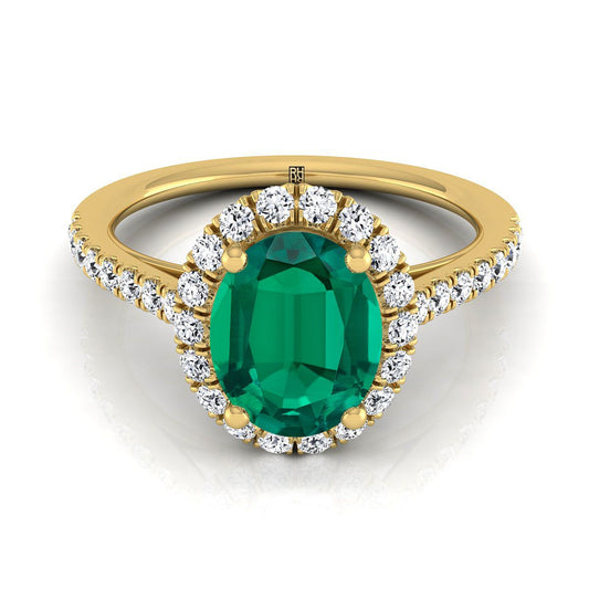 18K Yellow Gold Oval Emerald Petite Halo French Diamond Pave Engagement Ring -3/8ctw