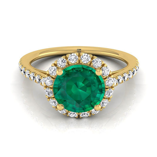 18K Yellow Gold Round Brilliant Emerald Petite Halo French Diamond Pave Engagement Ring -3/8ctw
