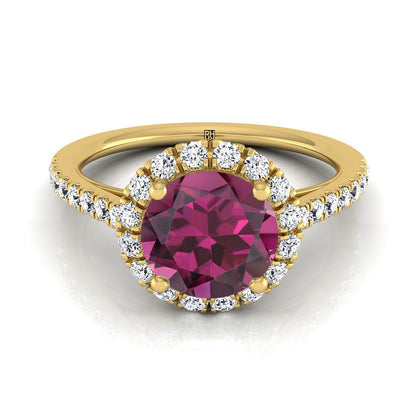 14K Yellow Gold Round Brilliant Garnet Petite Halo French Diamond Pave Engagement Ring -3/8ctw