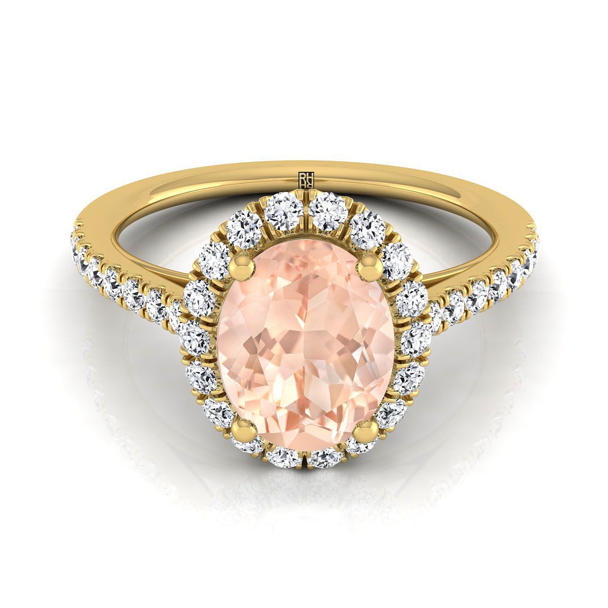 18K Yellow Gold Oval Morganite Petite Halo French Diamond Pave Engagement Ring -3/8ctw
