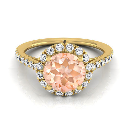 18K Yellow Gold Round Brilliant Morganite Petite Halo French Diamond Pave Engagement Ring -3/8ctw