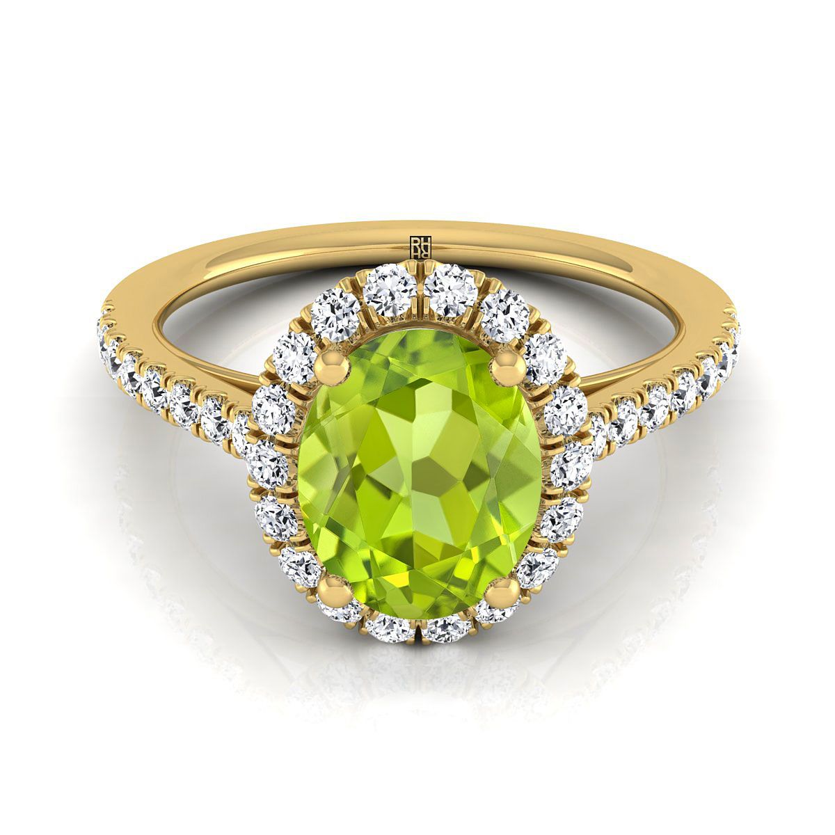 14K Yellow Gold Oval Peridot Petite Halo French Diamond Pave Engagement Ring -3/8ctw