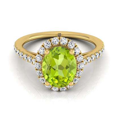 18K Yellow Gold Oval Peridot Petite Halo French Diamond Pave Engagement Ring -3/8ctw