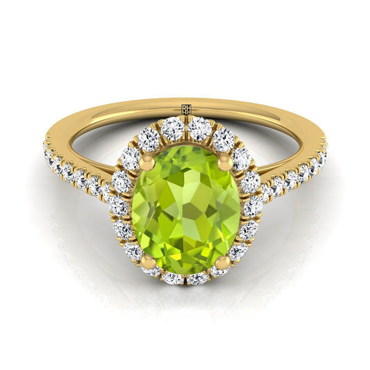 18K Yellow Gold Oval Peridot Petite Halo French Diamond Pave Engagement Ring -3/8ctw