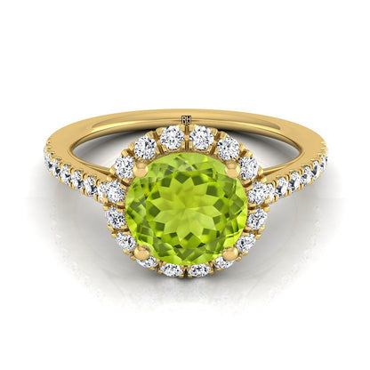 18K Yellow Gold Round Brilliant Peridot Petite Halo French Diamond Pave Engagement Ring -3/8ctw