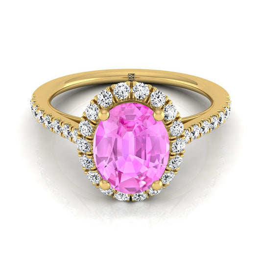 14K Yellow Gold Oval Pink Sapphire Petite Halo French Diamond Pave Engagement Ring -3/8ctw
