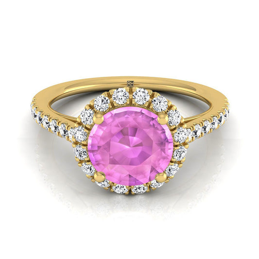 14K Yellow Gold Round Brilliant Pink Sapphire Petite Halo French Diamond Pave Engagement Ring -3/8ctw