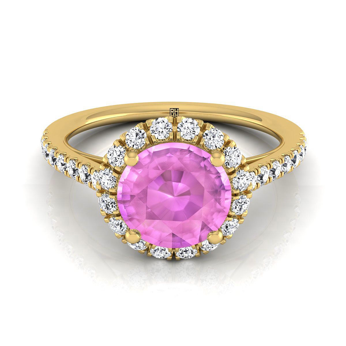 18K Yellow Gold Round Brilliant Pink Sapphire Petite Halo French Diamond Pave Engagement Ring -3/8ctw
