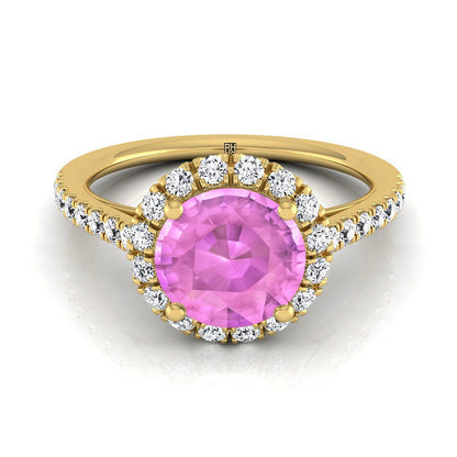 18K Yellow Gold Round Brilliant Pink Sapphire Petite Halo French Diamond Pave Engagement Ring -3/8ctw