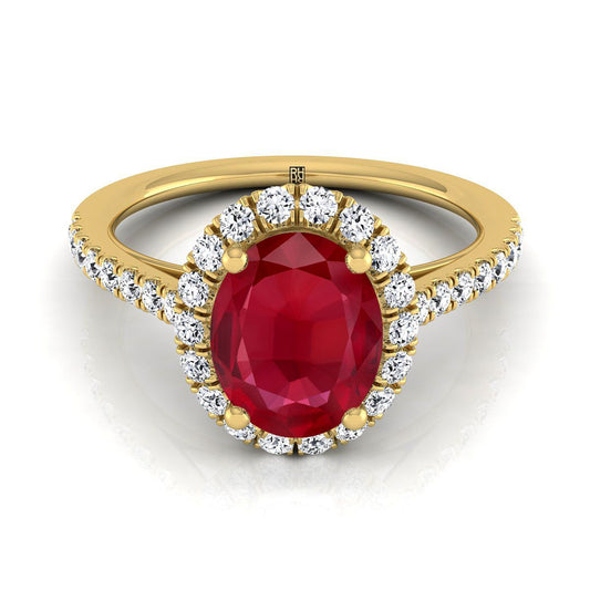 18K Yellow Gold Oval Ruby Petite Halo French Diamond Pave Engagement Ring -3/8ctw