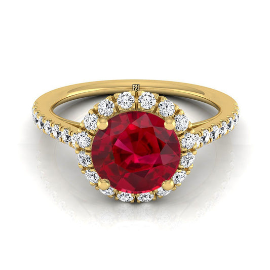 18K Yellow Gold Round Brilliant Ruby Petite Halo French Diamond Pave Engagement Ring -3/8ctw