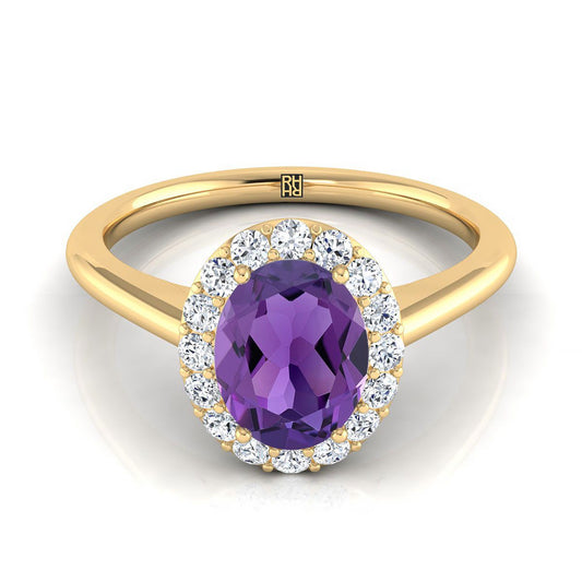 18K Yellow Gold Oval Amethyst Shared Prong Diamond Halo Engagement Ring -1/5ctw