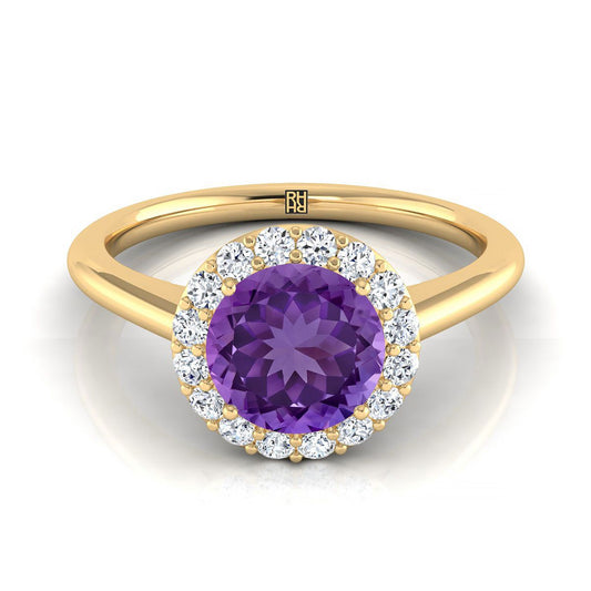 18K Yellow Gold Round Brilliant Amethyst Shared Prong Diamond Halo Engagement Ring -1/5ctw