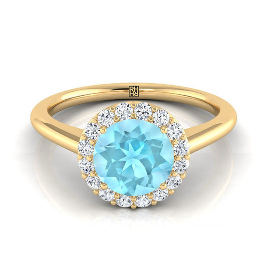 14K Yellow Gold Round Brilliant Aquamarine Shared Prong Diamond Halo Engagement Ring -1/5ctw