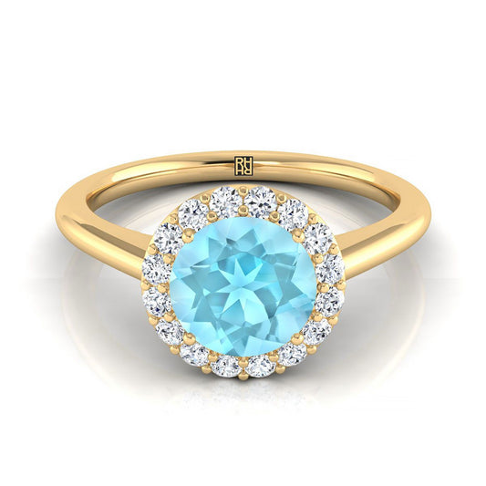 18K Yellow Gold Round Brilliant Aquamarine Shared Prong Diamond Halo Engagement Ring -1/5ctw