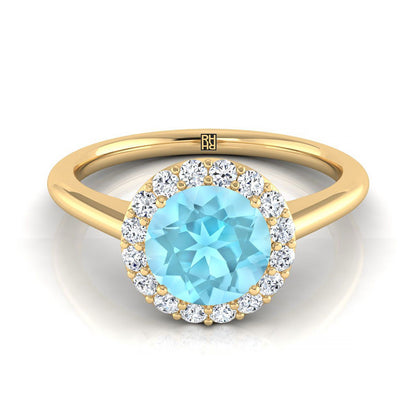 18K Yellow Gold Round Brilliant Aquamarine Shared Prong Diamond Halo Engagement Ring -1/5ctw