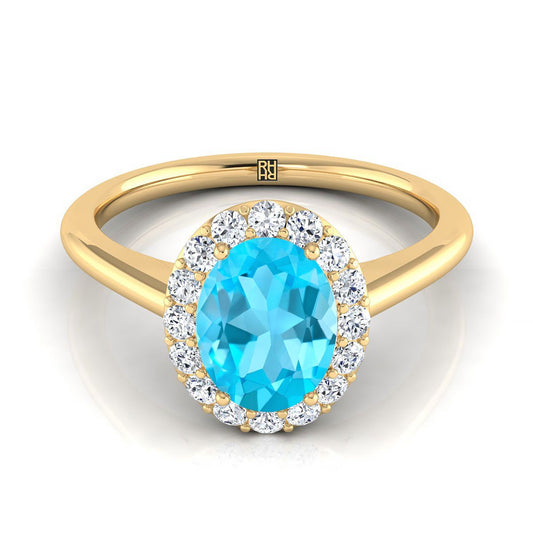18K Yellow Gold Oval Swiss Blue Topaz Shared Prong Diamond Halo Engagement Ring -1/5ctw