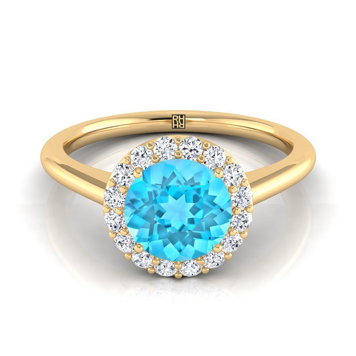 14K Yellow Gold Round Brilliant Swiss Blue Topaz Shared Prong Diamond Halo Engagement Ring -1/5ctw