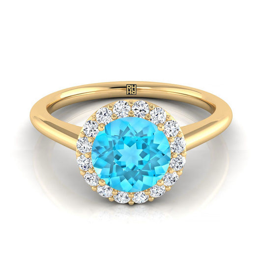 18K Yellow Gold Round Brilliant Swiss Blue Topaz Shared Prong Diamond Halo Engagement Ring -1/5ctw