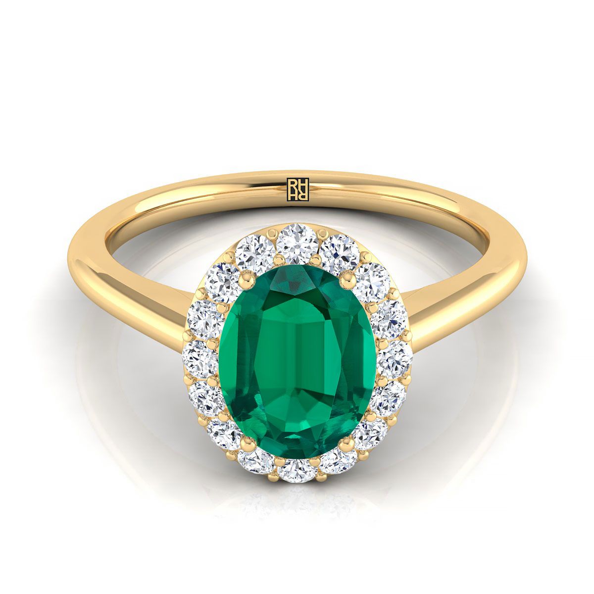 14K Yellow Gold Oval Emerald Shared Prong Diamond Halo Engagement Ring -1/5ctw