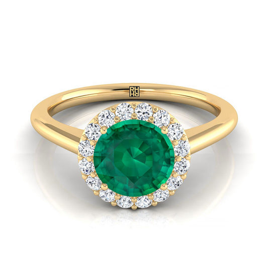 18K Yellow Gold Round Brilliant Emerald Shared Prong Diamond Halo Engagement Ring -1/5ctw