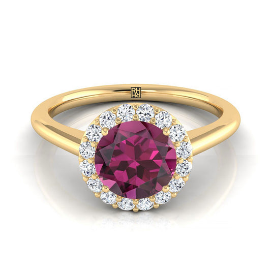 18K Yellow Gold Round Brilliant Garnet Shared Prong Diamond Halo Engagement Ring -1/5ctw