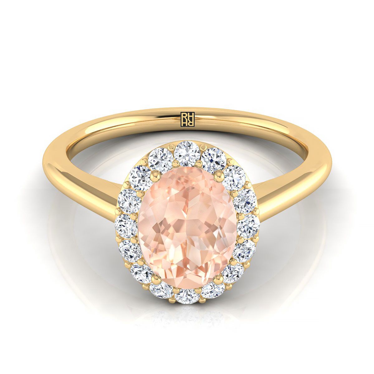 18K Yellow Gold Oval Morganite Shared Prong Diamond Halo Engagement Ring -1/5ctw