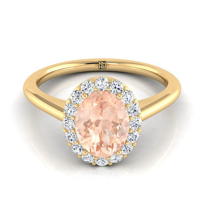 18K Yellow Gold Oval Morganite Shared Prong Diamond Halo Engagement Ring -1/5ctw