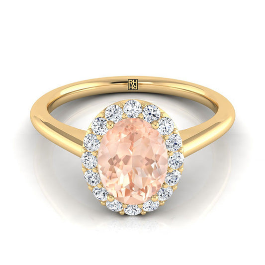 18K Yellow Gold Oval Morganite Shared Prong Diamond Halo Engagement Ring -1/5ctw