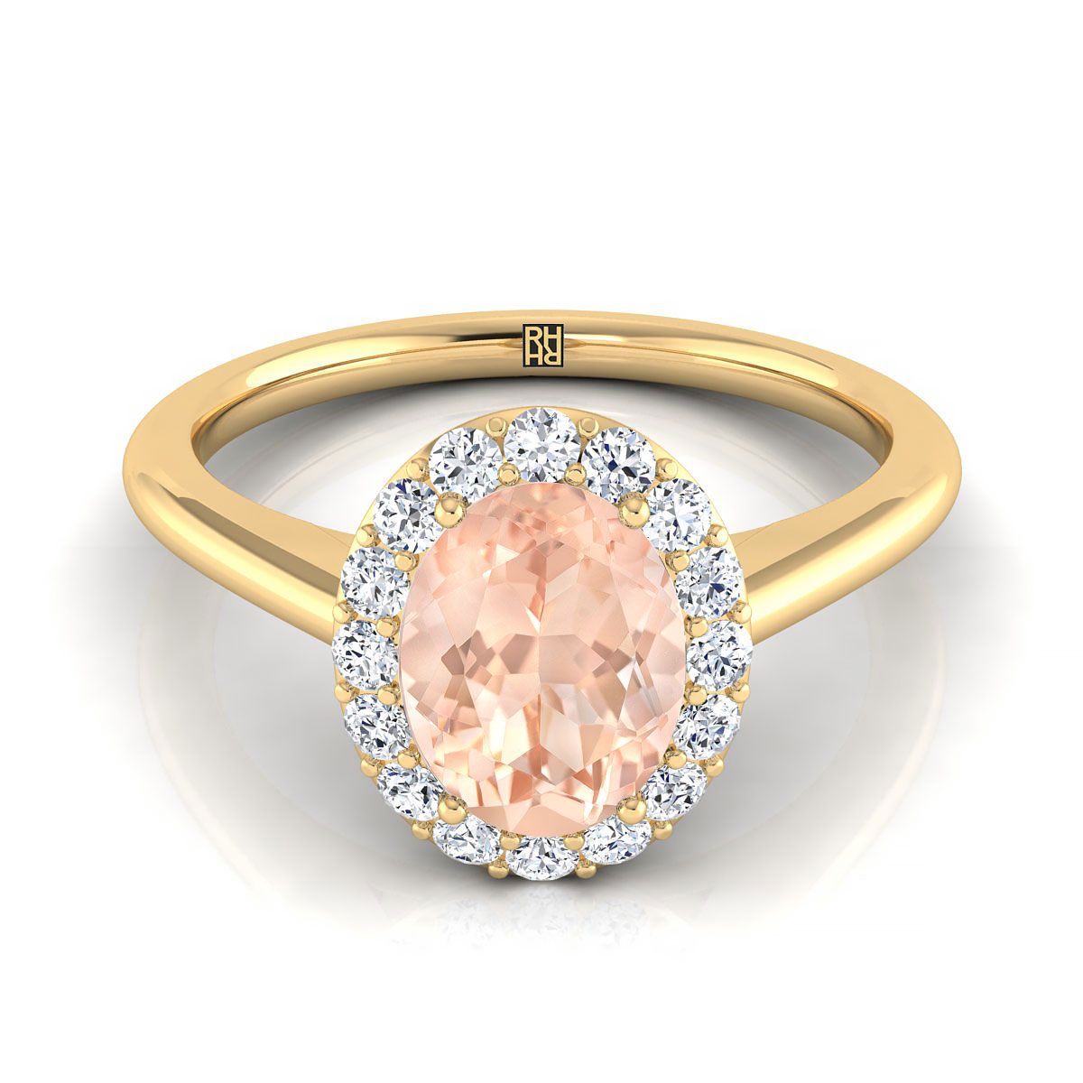 14K Yellow Gold Oval Morganite Shared Prong Diamond Halo Engagement Ring -1/5ctw