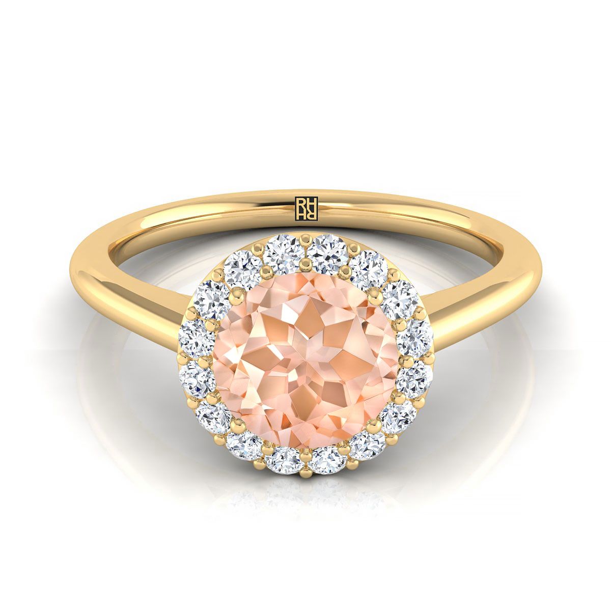 14K Yellow Gold Round Brilliant Morganite Shared Prong Diamond Halo Engagement Ring -1/5ctw