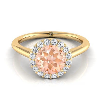 14K Yellow Gold Round Brilliant Morganite Shared Prong Diamond Halo Engagement Ring -1/5ctw