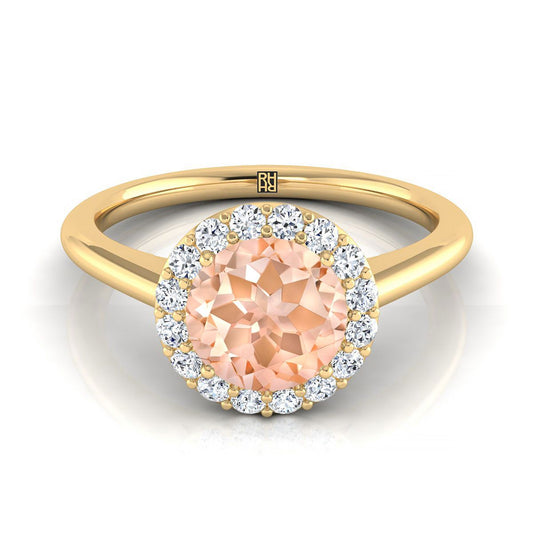 18K Yellow Gold Round Brilliant Morganite Shared Prong Diamond Halo Engagement Ring -1/5ctw